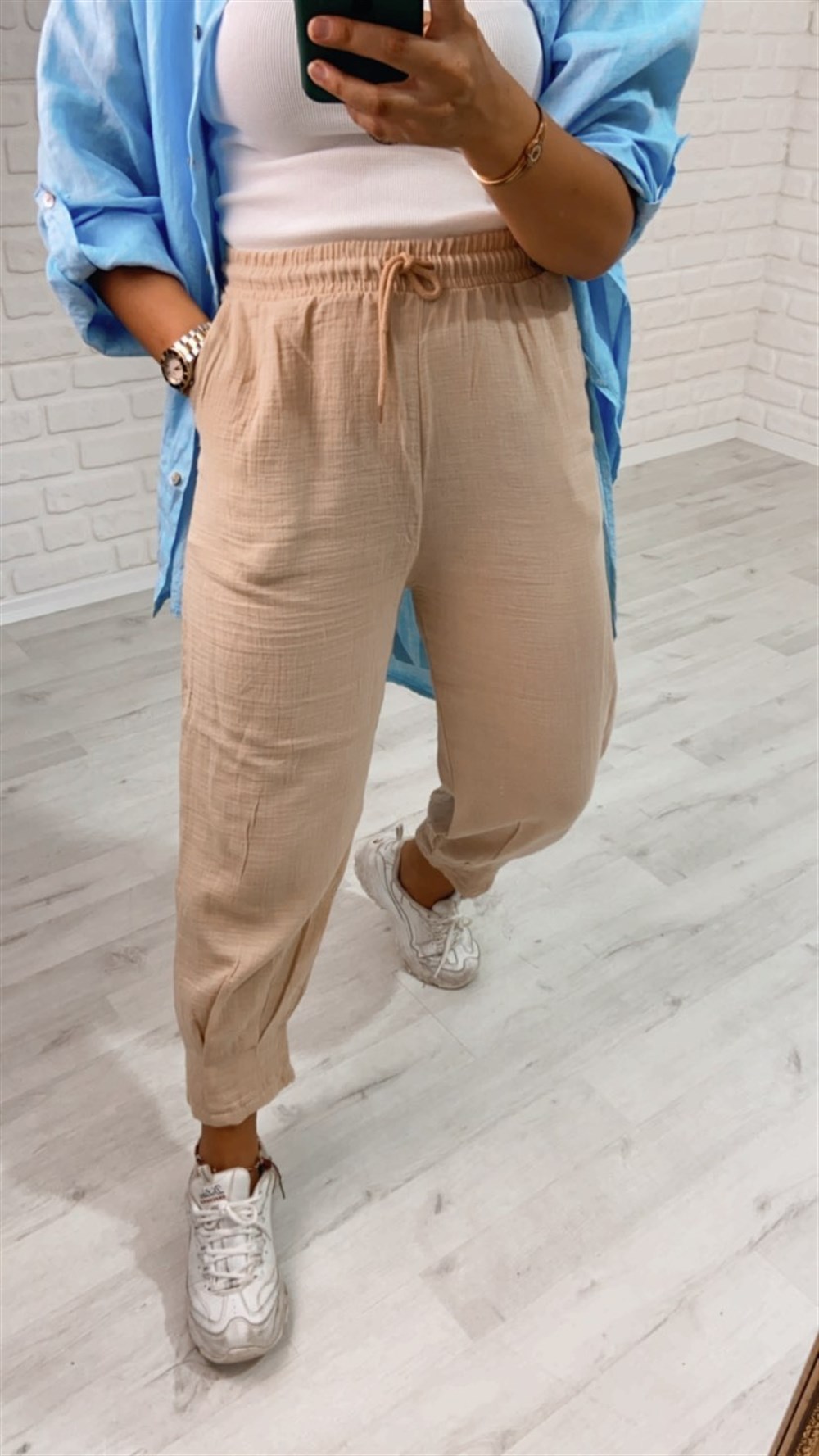 Keten Paçası Büzgülü Pantolon
