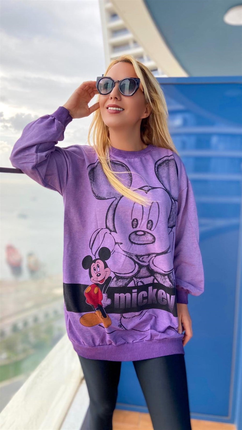 Mor Yıkamalı Mickey Sweatshirt