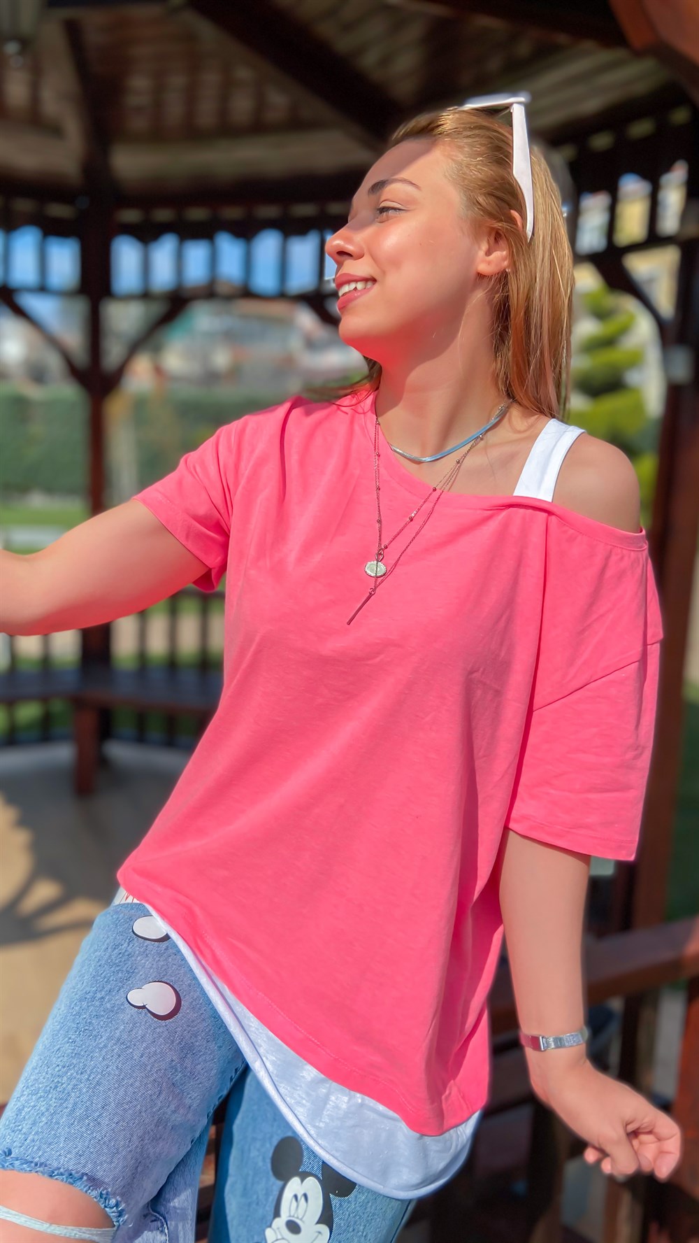 Pembe Tek Omuz T-shirt