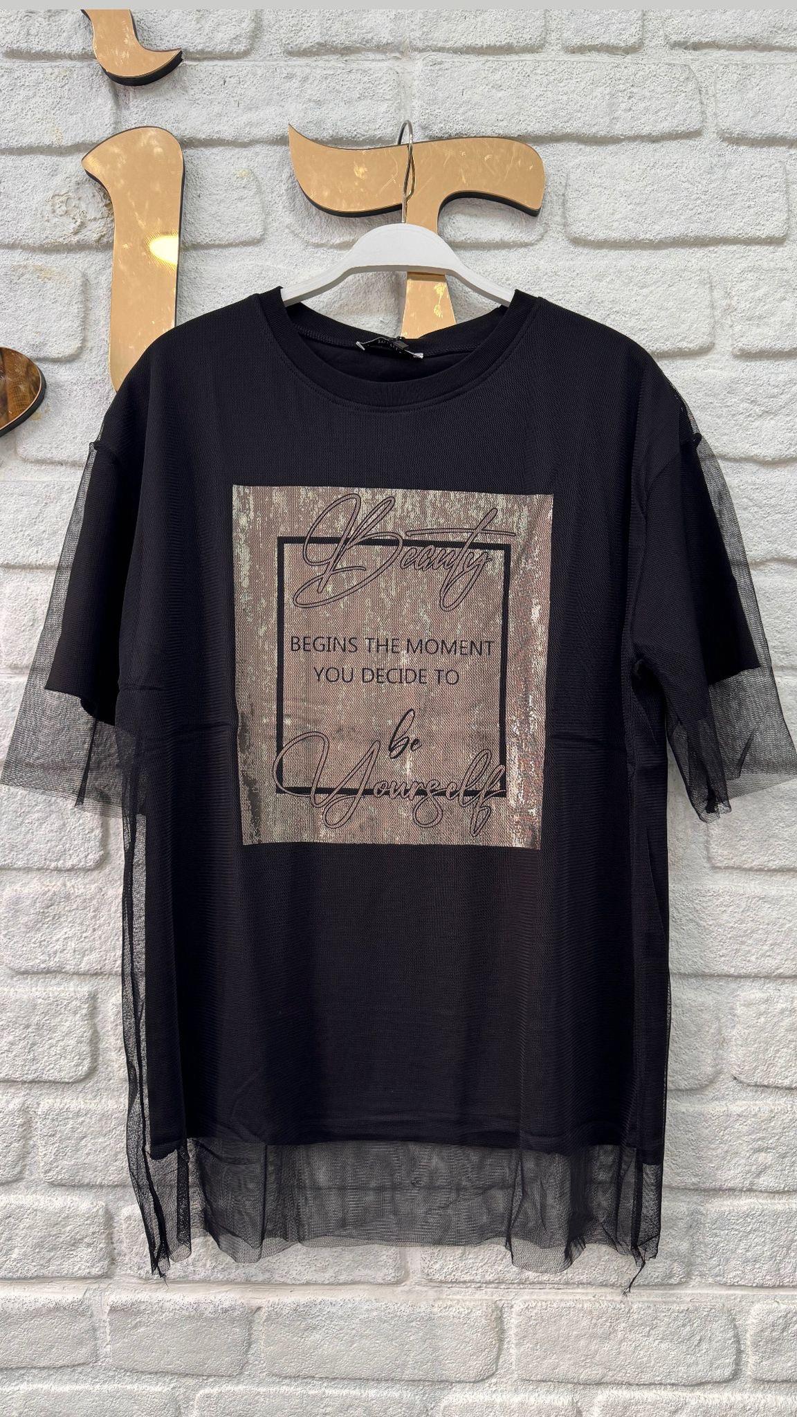 Yazılı Tül Detay Tshirt  
