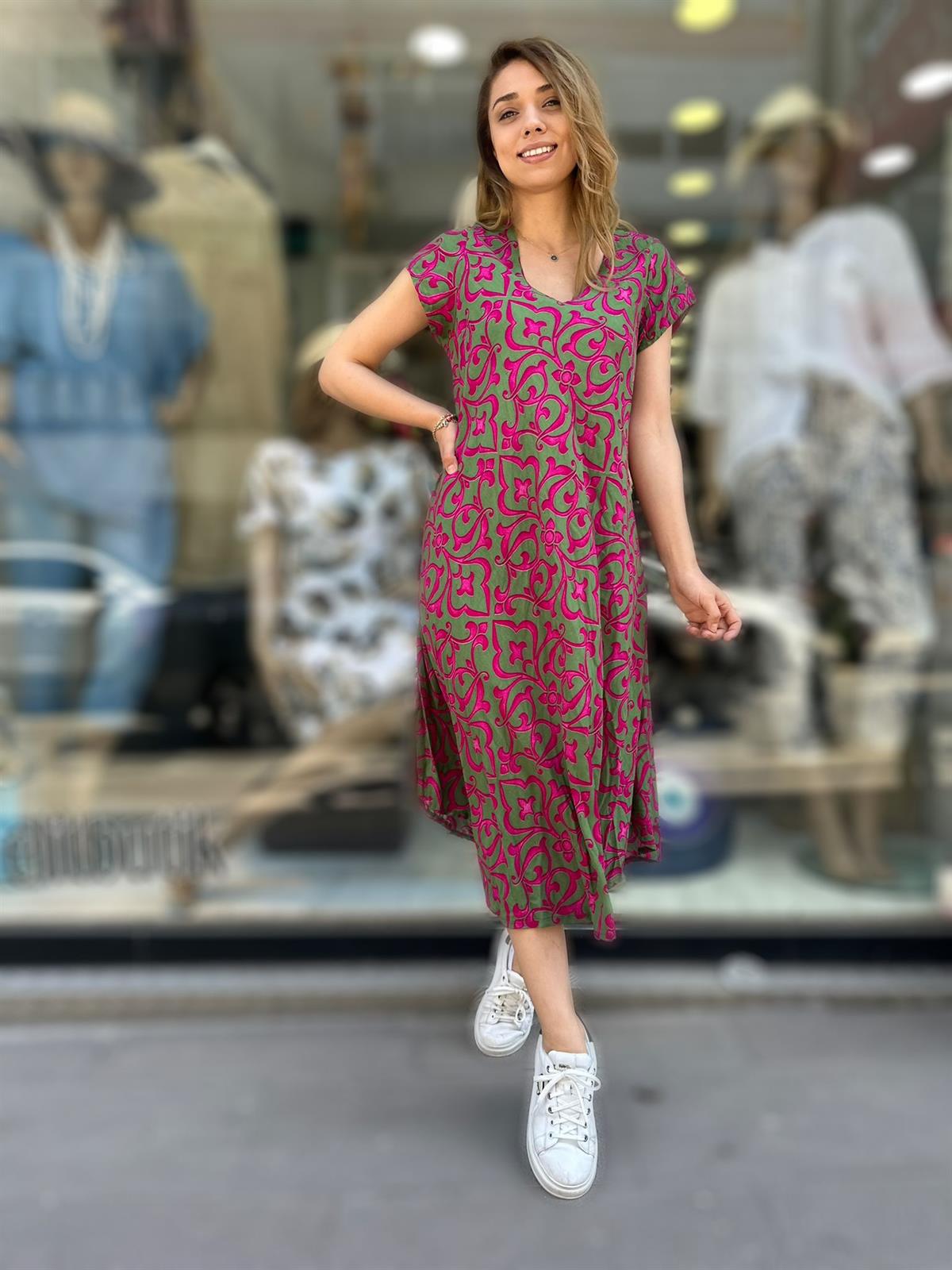 Yeşil Pembe Desen Elbise
