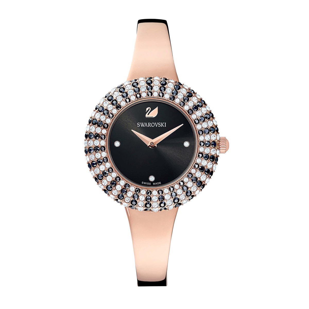 Crystal Rose Saat, Metal Kayiş, Siyah, Pembe Altin Pvd Kaplama