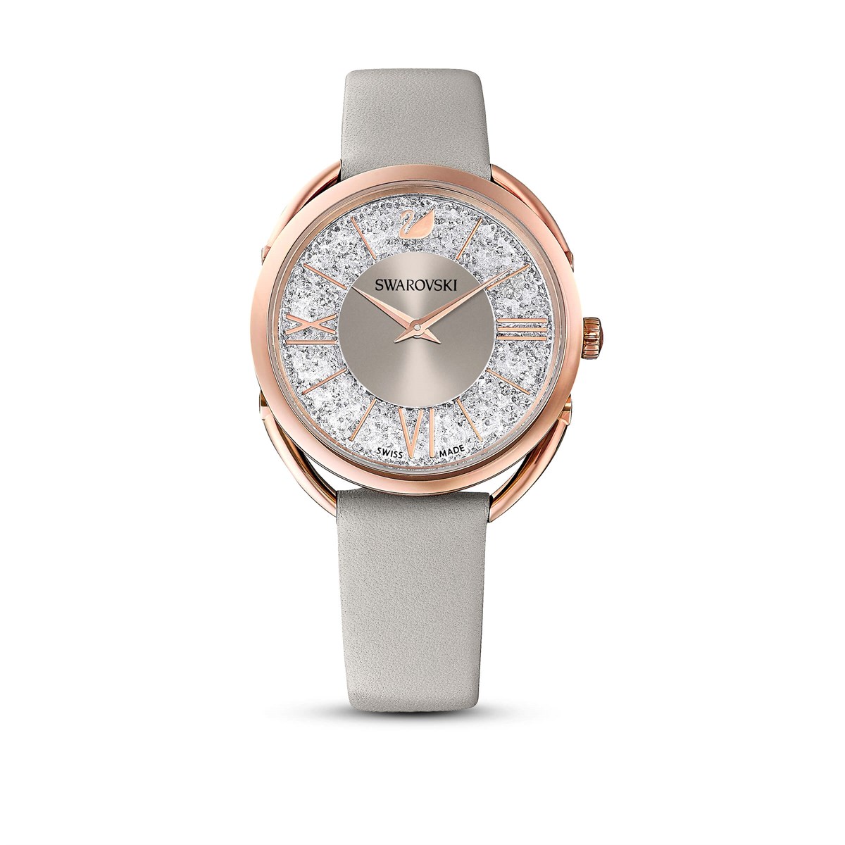 Crystalline Glam Saat, Deri Kayiş, Gri, Pembe Altin Pvd Kaplama