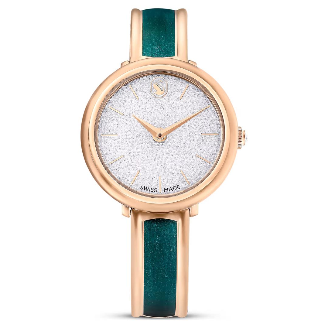 SwarovskiCrystalline Bangle Saat İsviçre Üretimi, Metal bileklik, Yeşil, Pembe altın rengi yüzey
