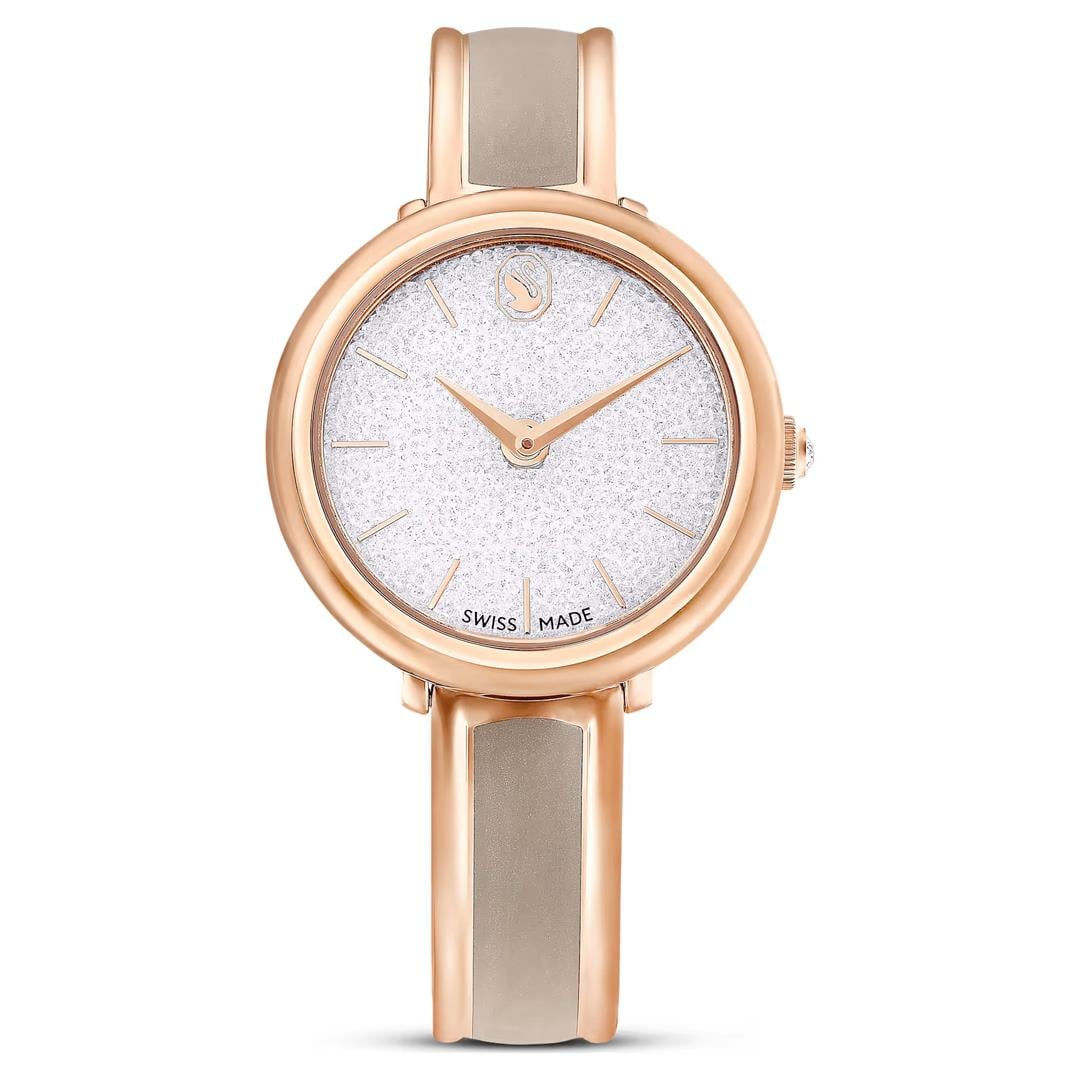 SwarovskiCrystalline Bangle Saat İsviçre Üretimi, Metal bileklik, Bej, Pembe altın rengi yüzey