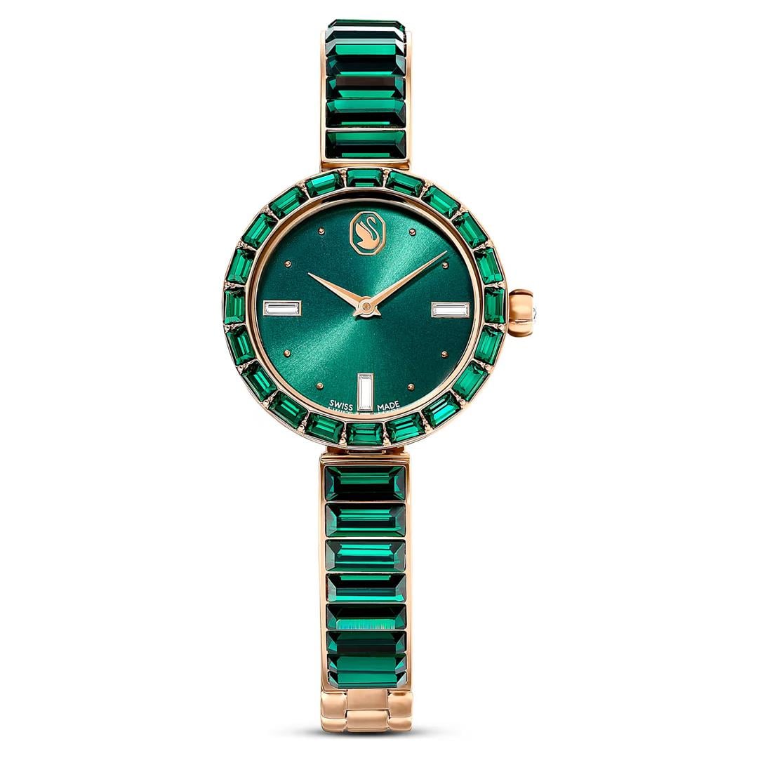 SwarovskiMatrix Bangle Saat İsviçre Üretimi, Kristal bileklik, Yeşil, Şampanya altın rengi yüzey