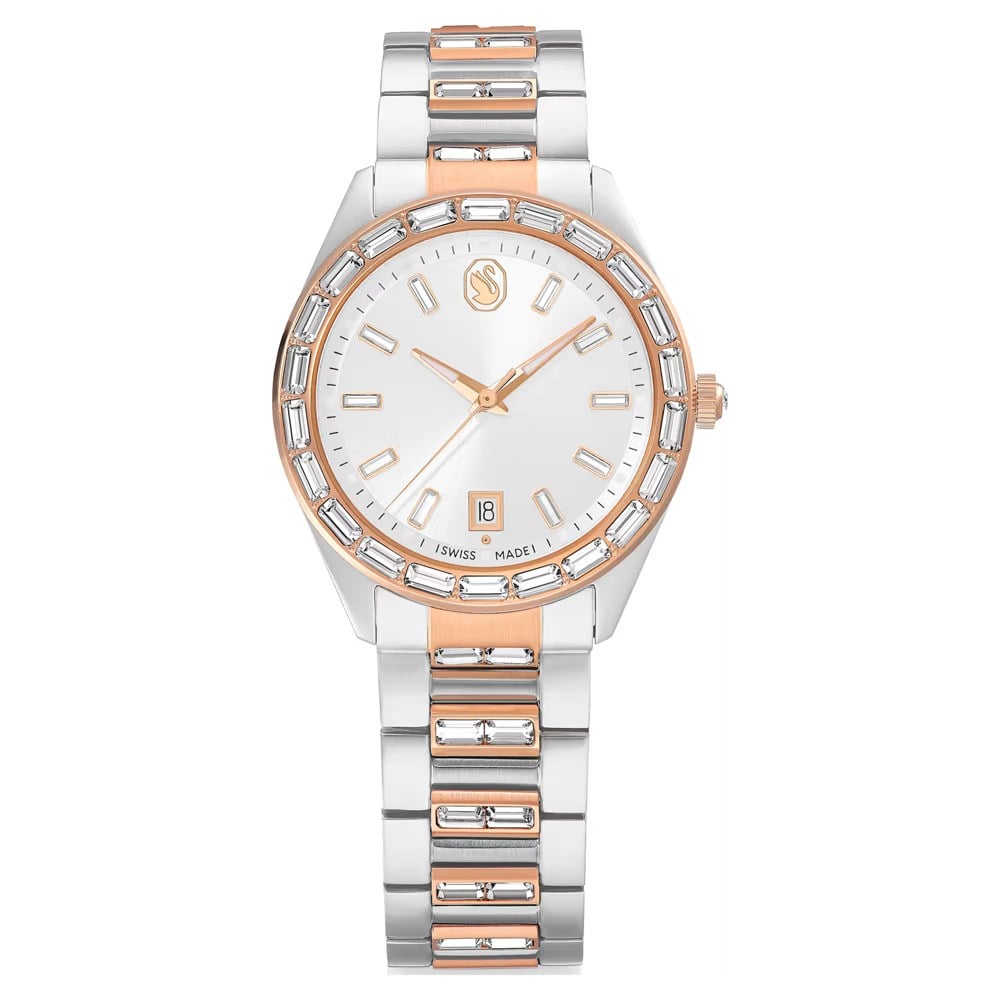 SwarovskiMatrix date Saat İsviçre Üretimi, Metal bileklik, Rose Altın tonu, Karışık metal yüzey