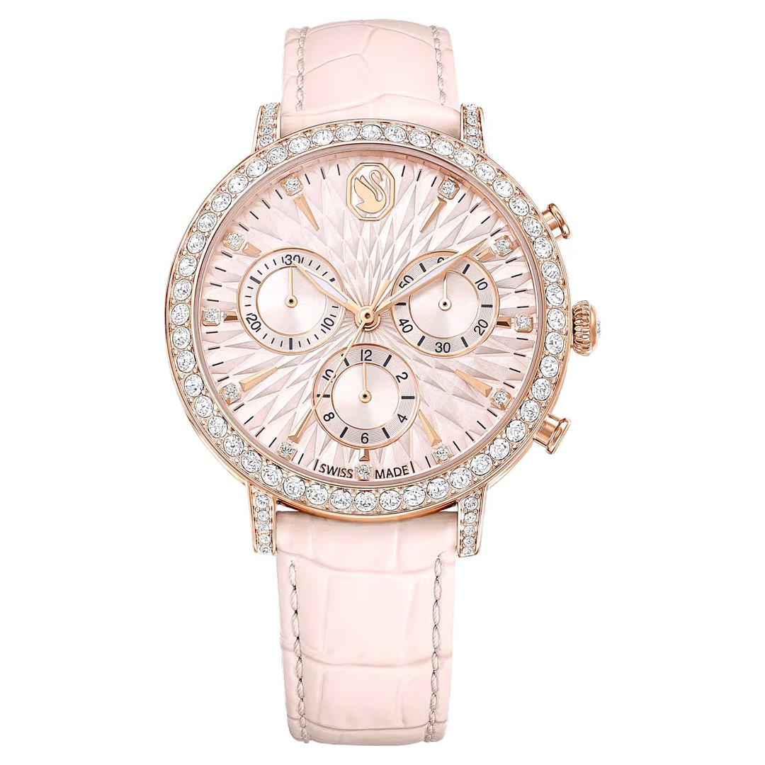 SwarovskiMatrix Tennis Chrono Saat İsviçre Üretimi, Deri kayış, Pembe, Pembe altın rengi yüzey