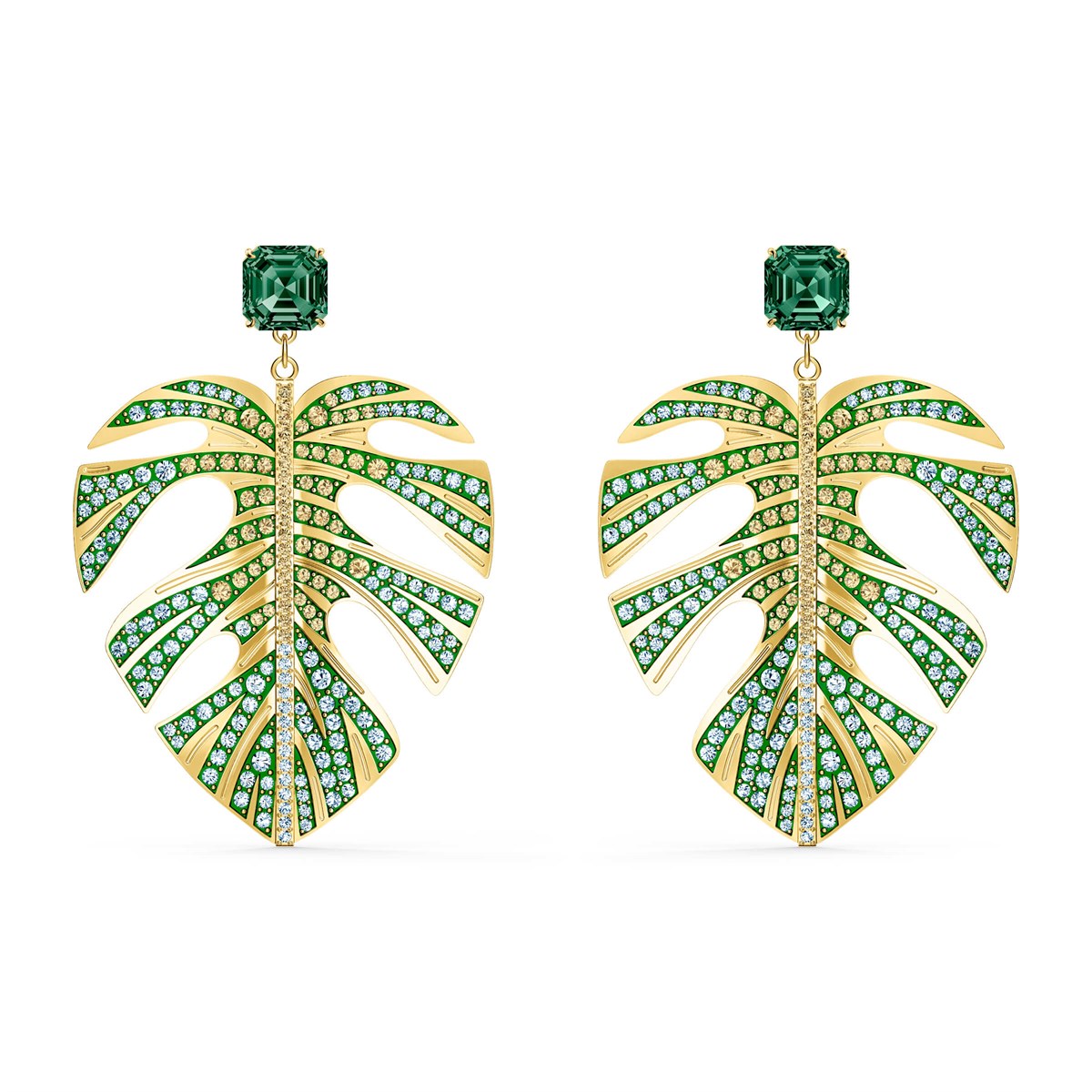 Tropical:Leaf Küpe, Yeşil, Altin Kaplama