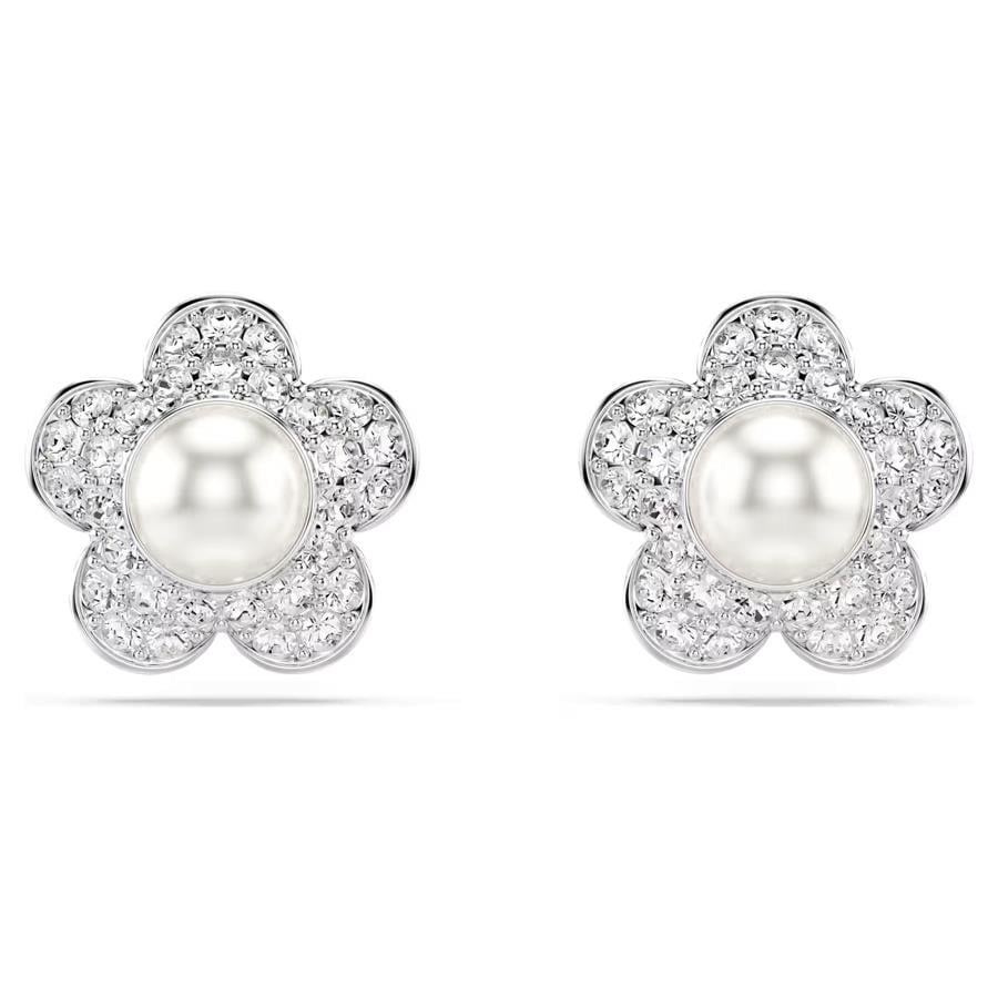 ÜnçerlerAriana Grande x Swarovski düğme Küpeler Kristal inci, Yuvarlak kesim, Çiçek, Beyaz, Rodyum kaplama