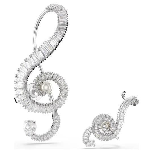 ÜnçerlerAriana Grande x Swarovski Klipsli Küpeler Asimetrik tasarım, Kristal inci, Baget kesim, Beyaz, Rodyum kaplama