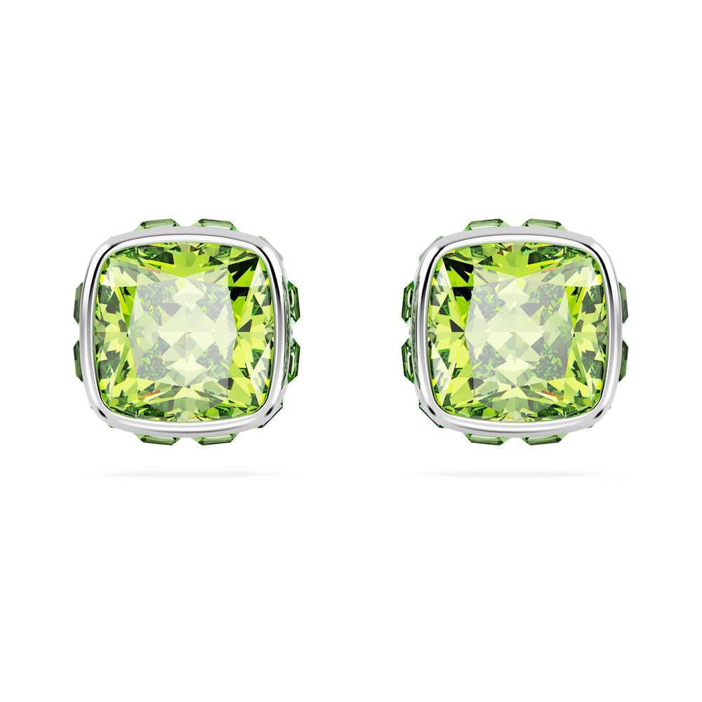 ÜnçerlerBirthstone düğme Küpeler Kare kesim, Ağustos, Yeşil, Rodyum kaplama
