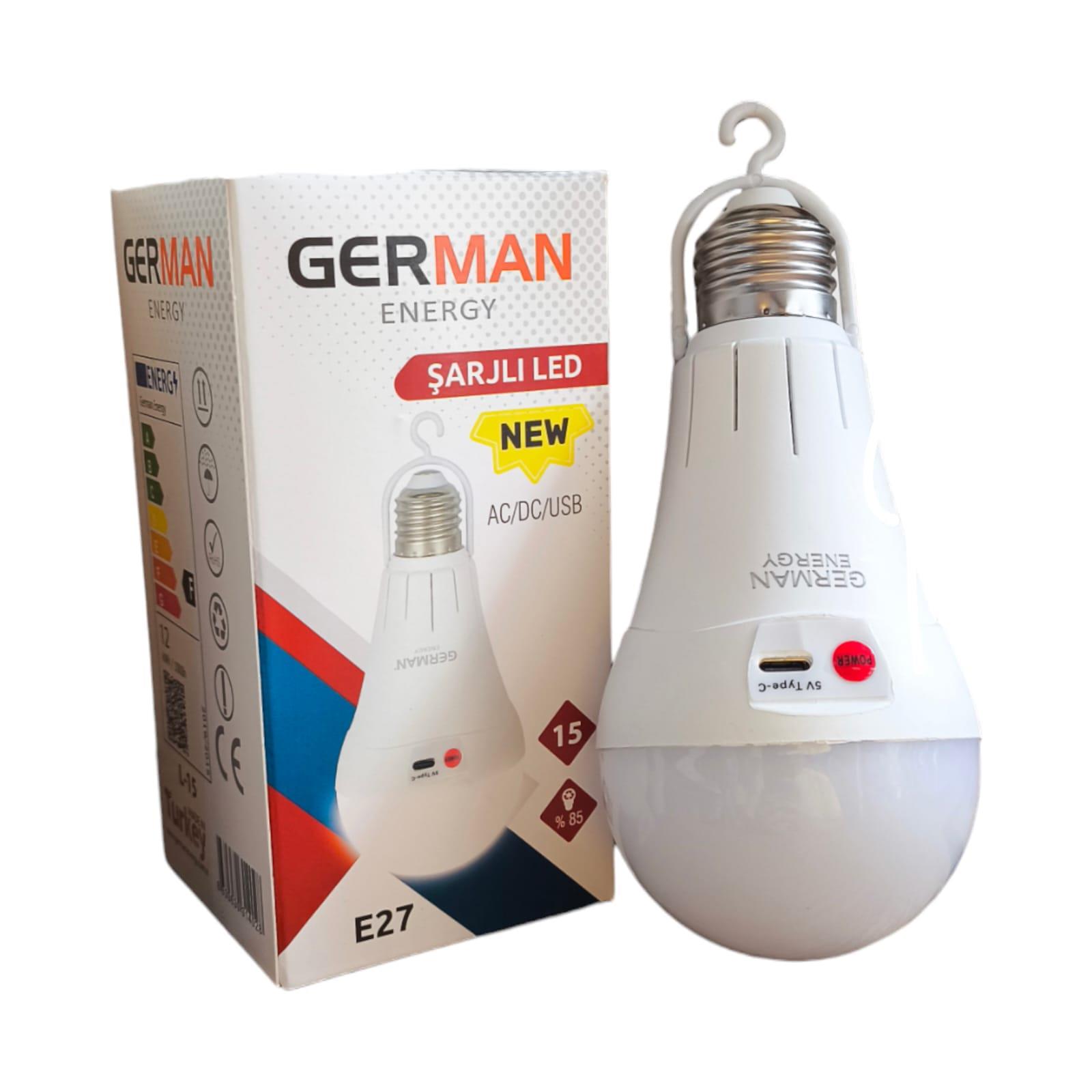 German E27 Askılı Şarjlı Led Ampul  15W | %85 Enerji Tasarrufu | 1120 Lümen | 6500K | 80 Ra | 25000 Saat Yanma Süresi | 1 Adet 1500mAh 18650 Pil Dahil