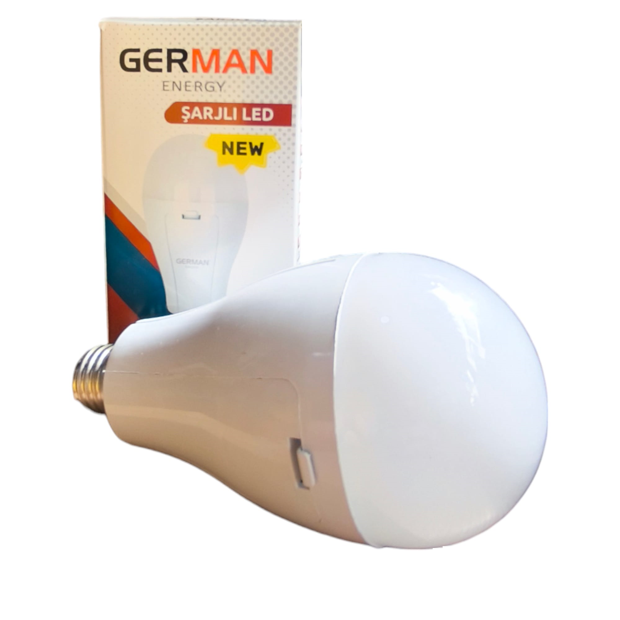 German E27 Şarjlı Led Ampul  30W | 1650 Lümen | 6500k | 80 Ra | 25000 Saat Yanma Süresi | 2x2000mAh 18650 Pil Dahil