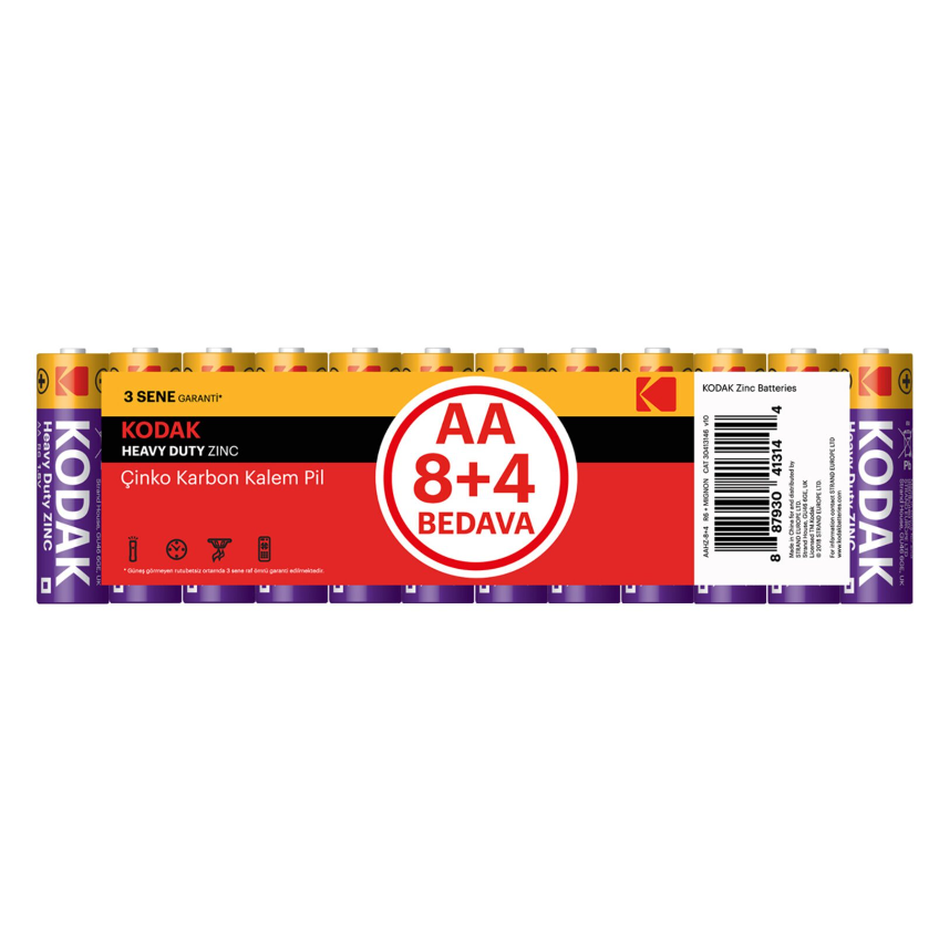 KODAK AA Shrink Çinko Karbon 8+4 Kalem Pil