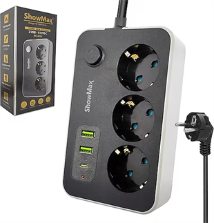 Showmax SH-4626 3'lü Priz Termal Akım Korumalı 2 USB 1 Type-C
