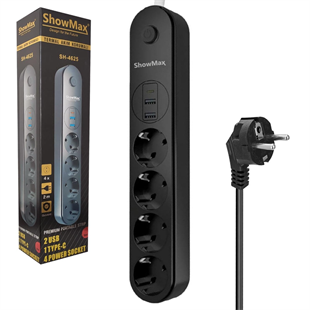 Showmax Termal Akım Korumalı 4'lü Priz 2 USB 1 Type-C 2 Metre Kablo