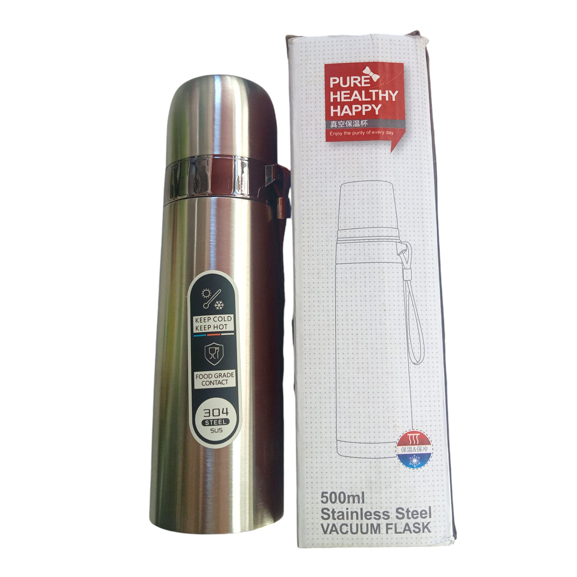 Pure Healthy Happy Vakum İzolasyonlu Bardak - 500ml Paslanmaz Çelik Termos
