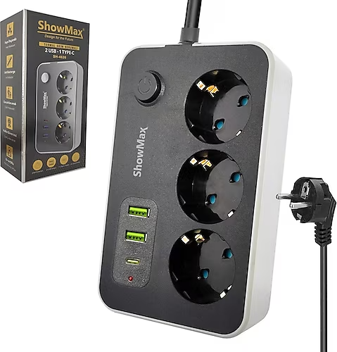Showmax SH-4626 3'lü Priz Termal Akım Korumalı 2 USB 1 Type-C