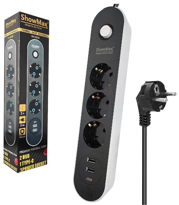 Showmax SH-4628 3'lü Priz Termal Akım Korumalı 2 USB 1 Type-C