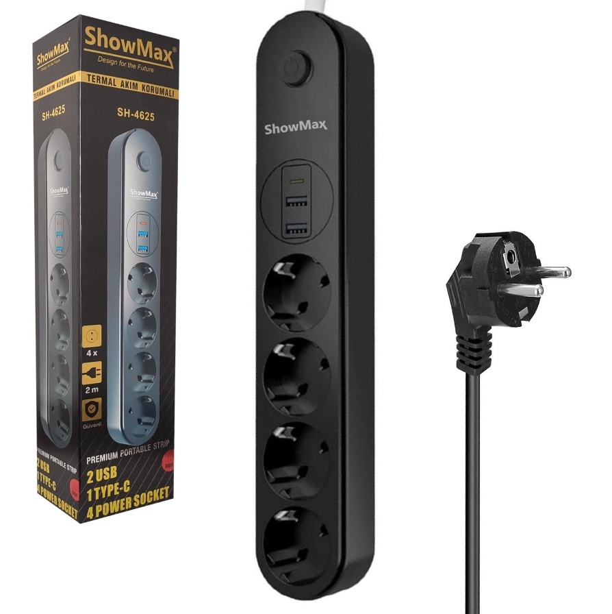 Showmax Termal Akım Korumalı 4'lü Priz 2 USB 1 Type-C 2 Metre Kablo