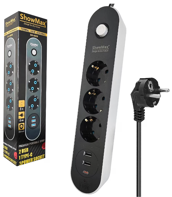 Showmax SH-4628 3'lü Priz | Termal Akım Korumalı | 2 USB, 1 Type-C