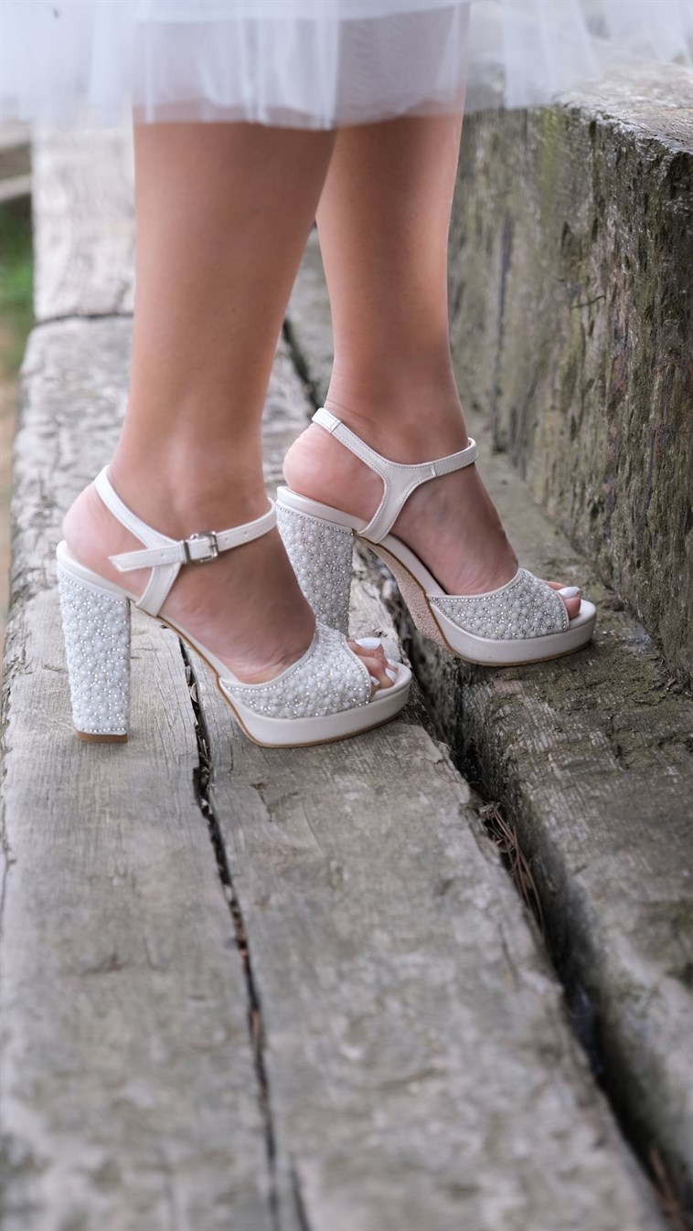 390-beyaz taş incili kadın platform gelin ayakkabısı