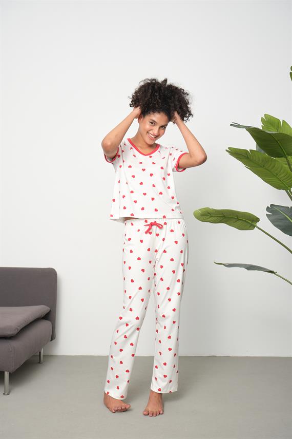 Pijama Takımı Kadın Metraj Baskılı Pamuklu Örme Kalpli Pijama Takımı - Kırmızı Kalpli Desenli - ESP-E00156 Espina