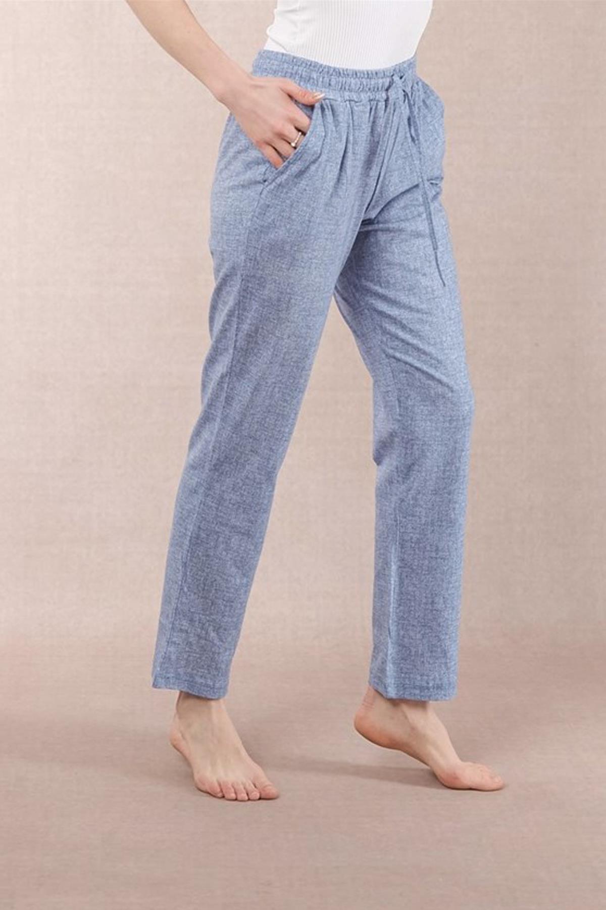 Kadın Örme Kumaş Cepli Pijama Altı - Mavi Beyaz