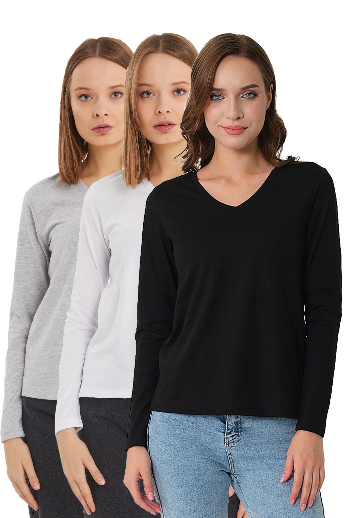 3'lü Set Kadın Siyah Uzun Kollu V Yaka Basic Pamuklu Örme T-Shirt - 3'lü  Set Siyah - Beyaz - Gri