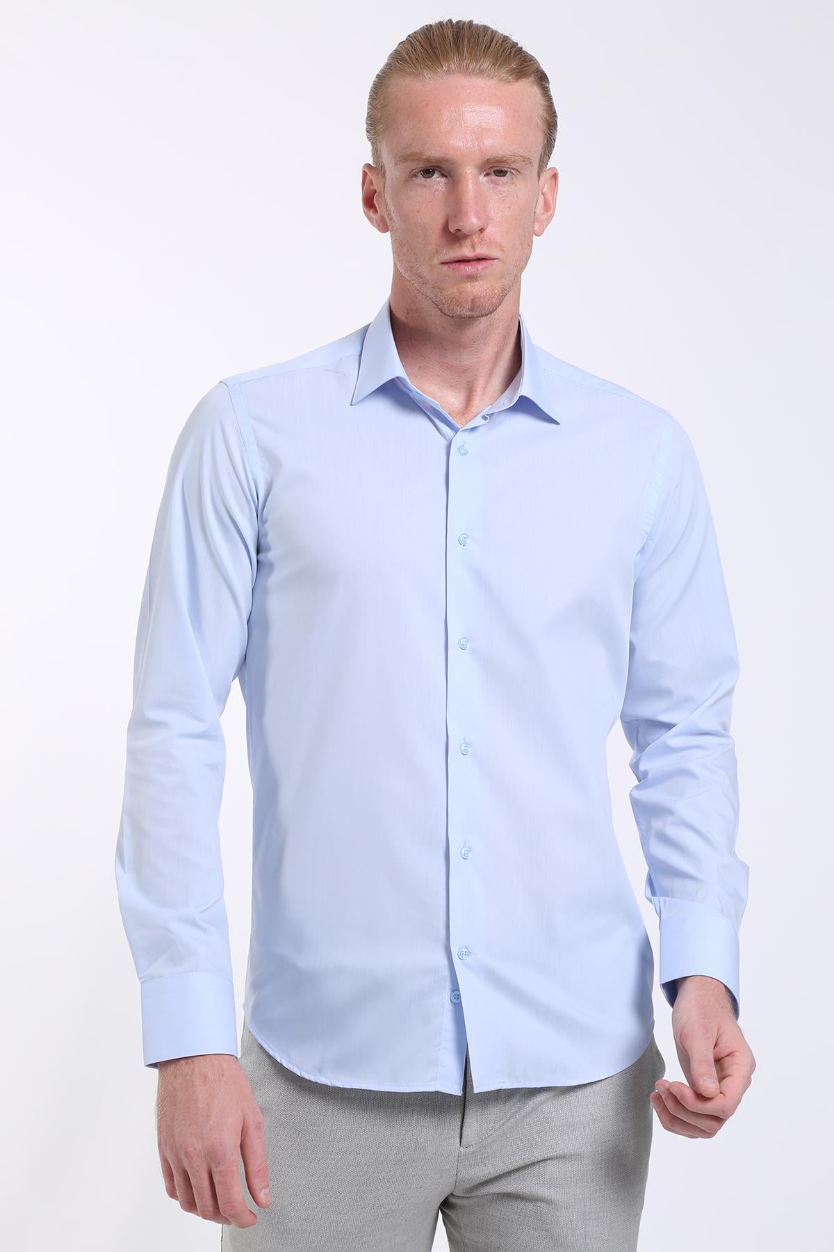 intersivinİntersivin Slim Fit Pamuklu Düz Açık Mavi Erkek Gömlek