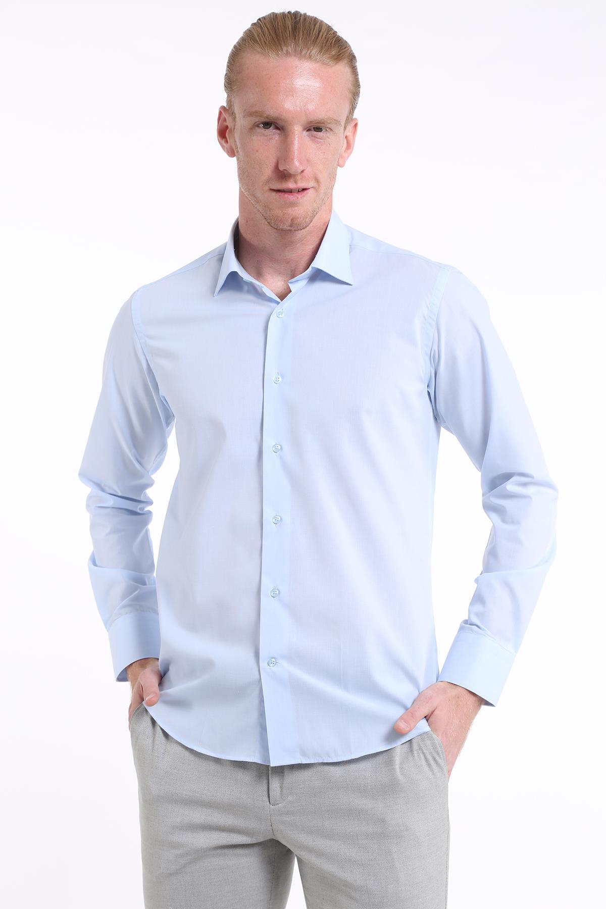 intersivinİntersivin Slim Fit Pamuklu Düz Açık Mavi Erkek Gömlek