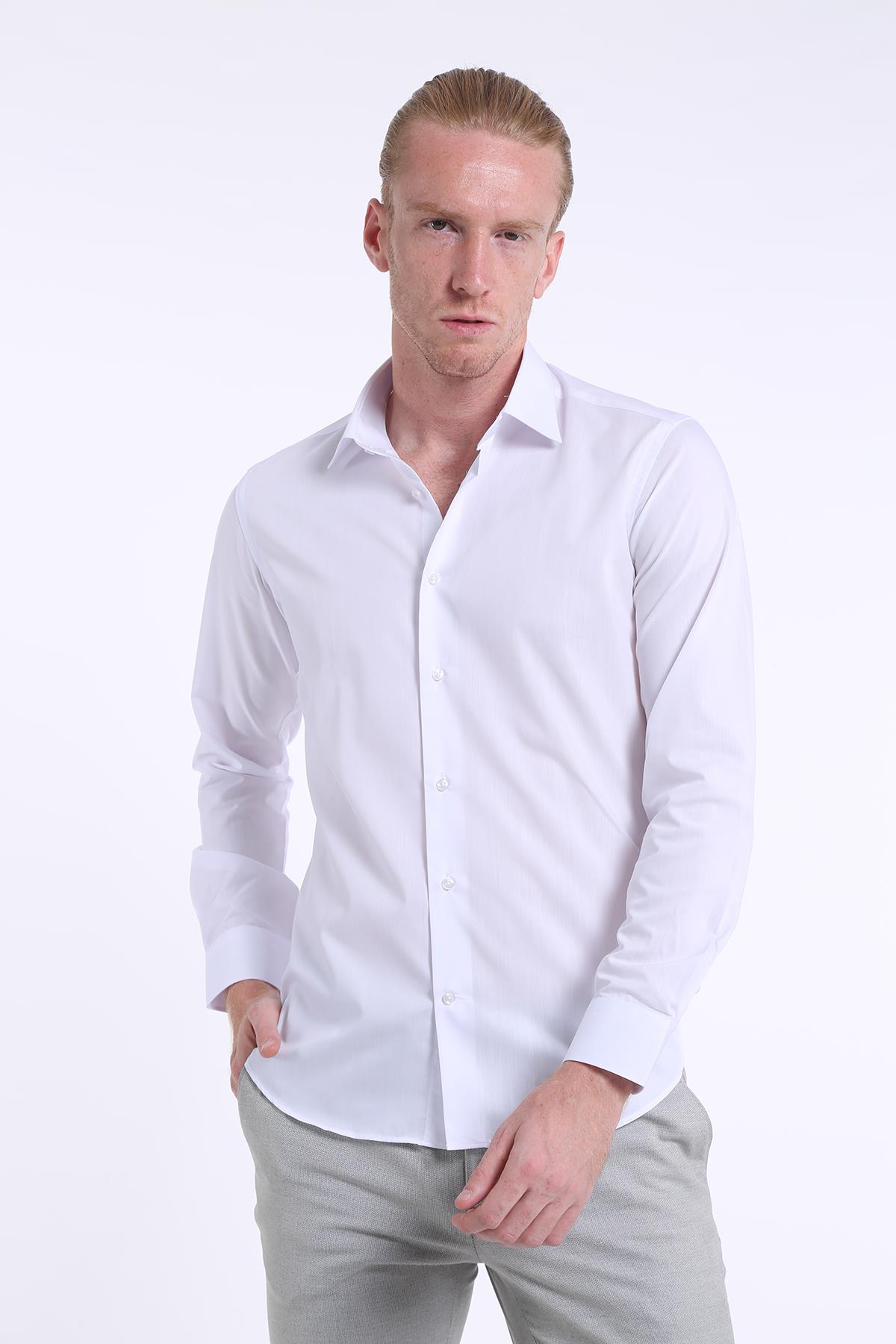 intersivinİntersivin Slim Fit Pamuklu Düz Beyaz Erkek Gömlek