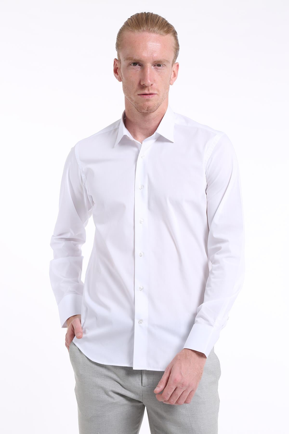 intersivinİntersivin Slim Fit Pamuklu Düz Beyaz Erkek Gömlek