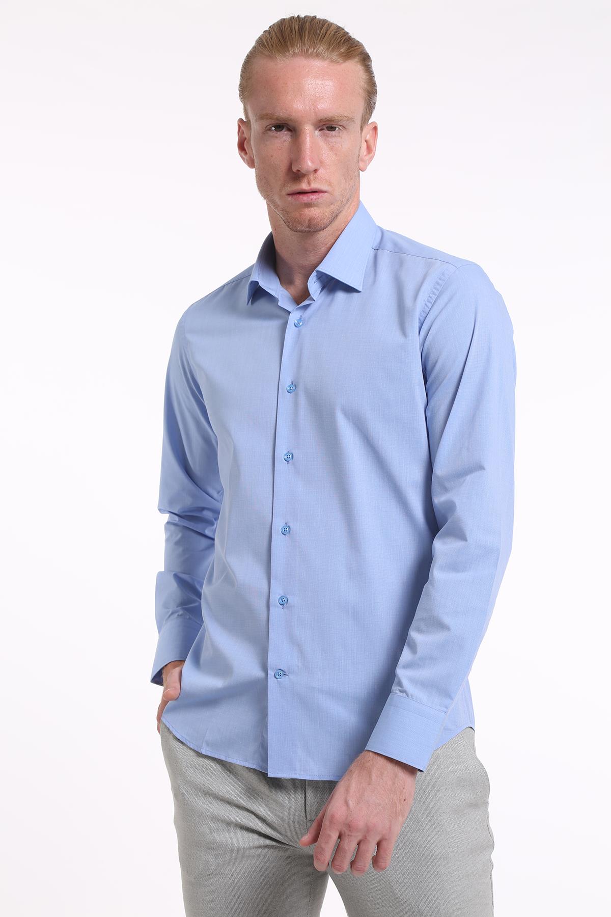 intersivinİntersivin Slim Fit Pamuklu Düz Mavi Erkek Gömlek