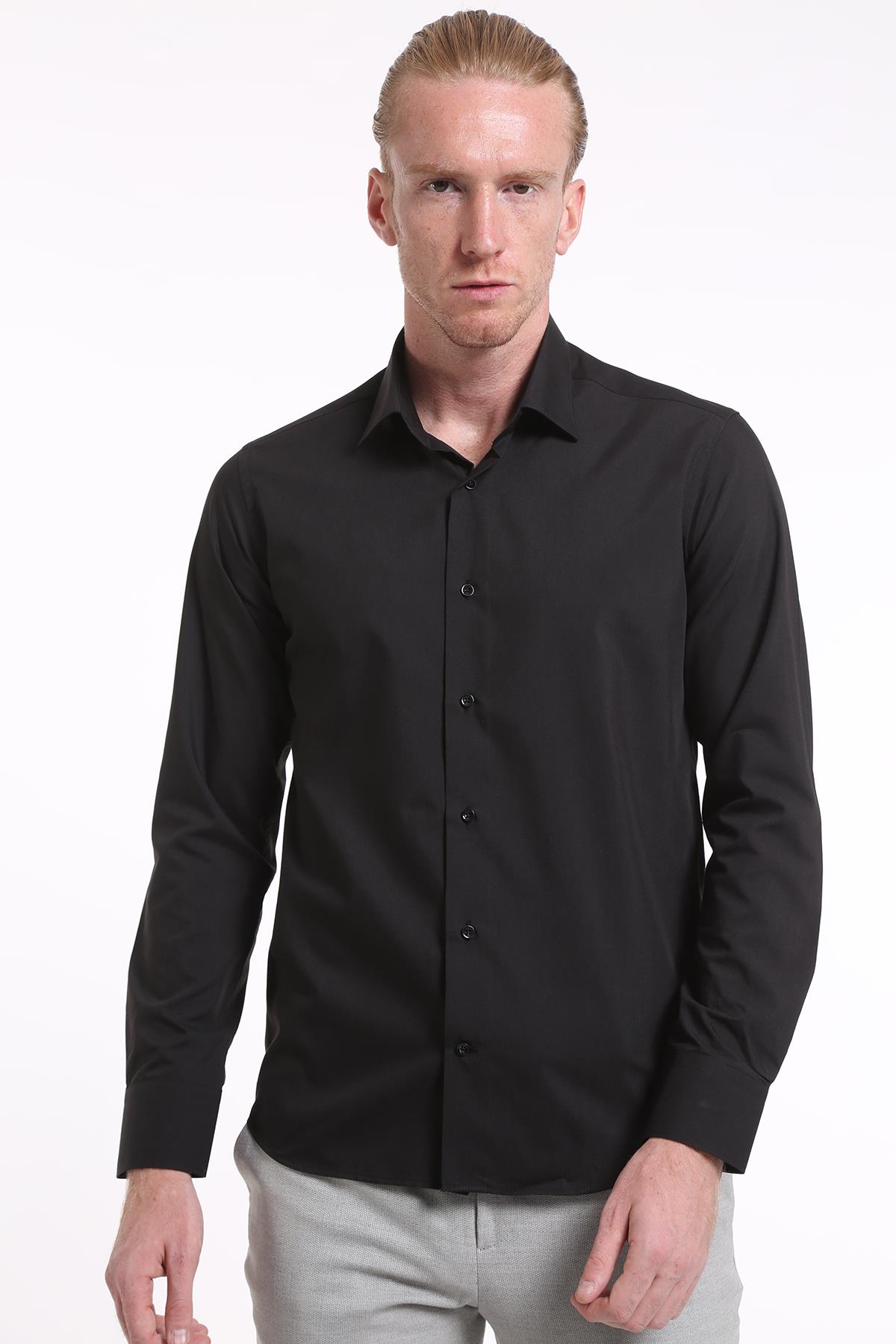 intersivinİntersivin Slim Fit Pamuklu Düz Siyah Erkek Gömlek
