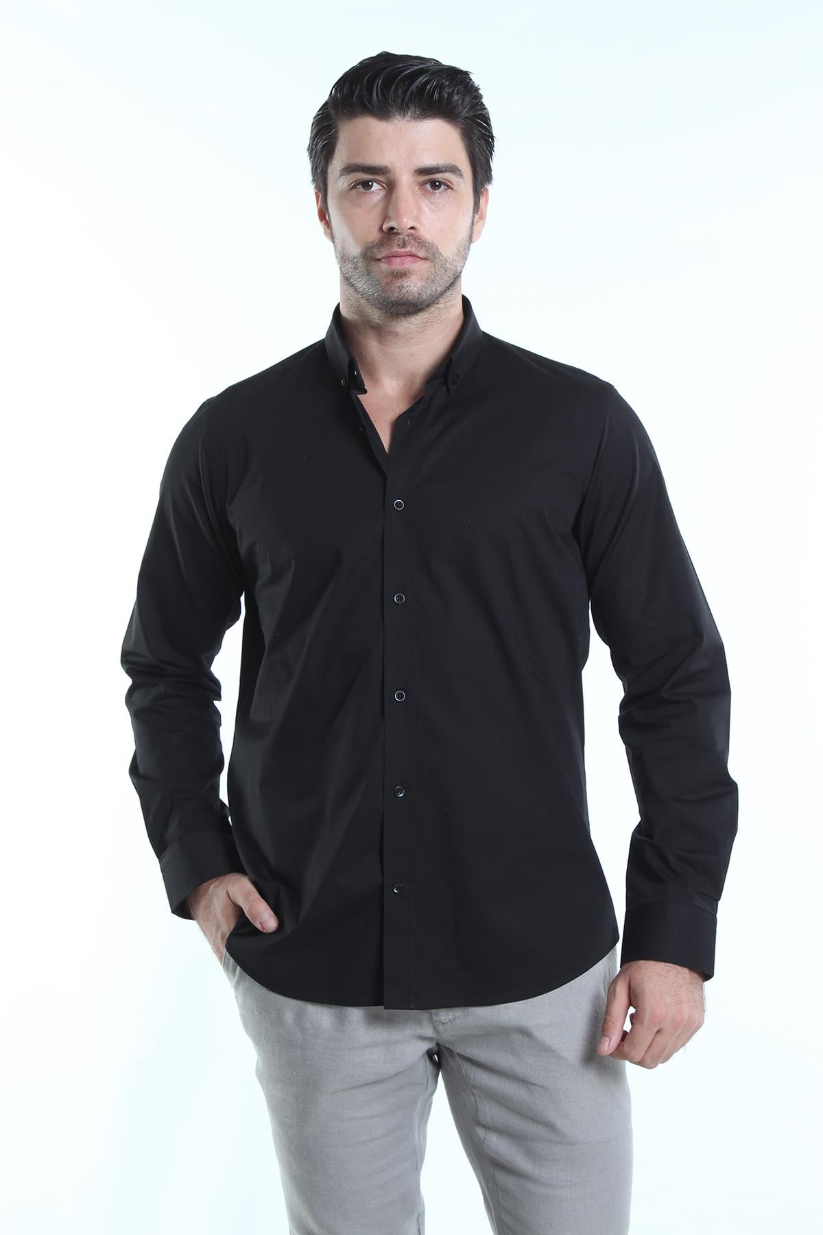 intersivinİntersivin Slim Fit Pamuklu Likralı Düz Siyah Erkek Gömlek