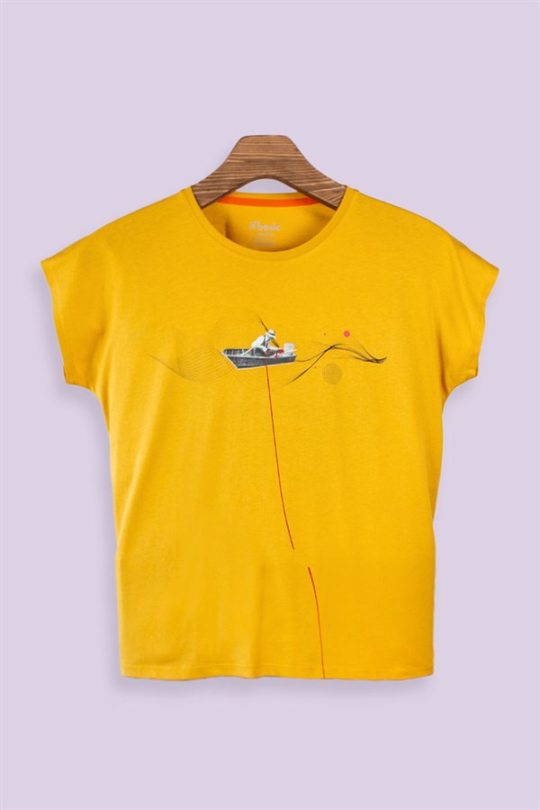 Basic Sarı Kadın T-Shirt Fisher Man