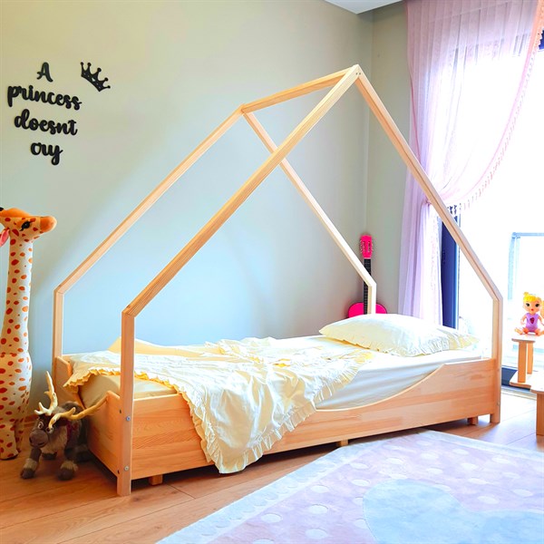 Çatılı Montessori Yatak Çocuk Karyola Bebek Yatakları  - MarkaawmMontessori Çatılı Karyola Ahşap Yatak Prenses
