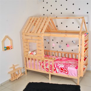 Montessori Çocuk Yatak Çatılı Raflı Doğal Çam  | MarkaawmMontessori Yatak Çatılı Raflı 