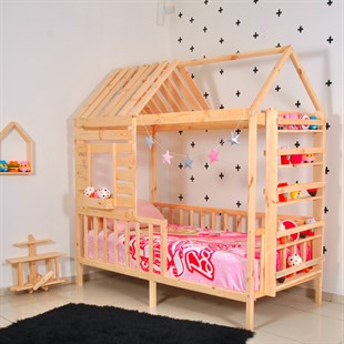 Montessori Çocuk Yatak Çatılı Raflı Doğal Çam  | MarkaawmMontessori Yatak Çatılı Raflı 