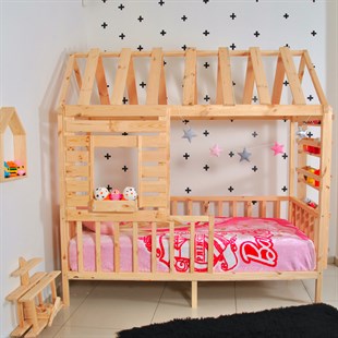 Montessori Yatak Çatılı Doğal Çam Menekşe | MarkaawmMontessori Karyola Raf Çatılı Menekşe