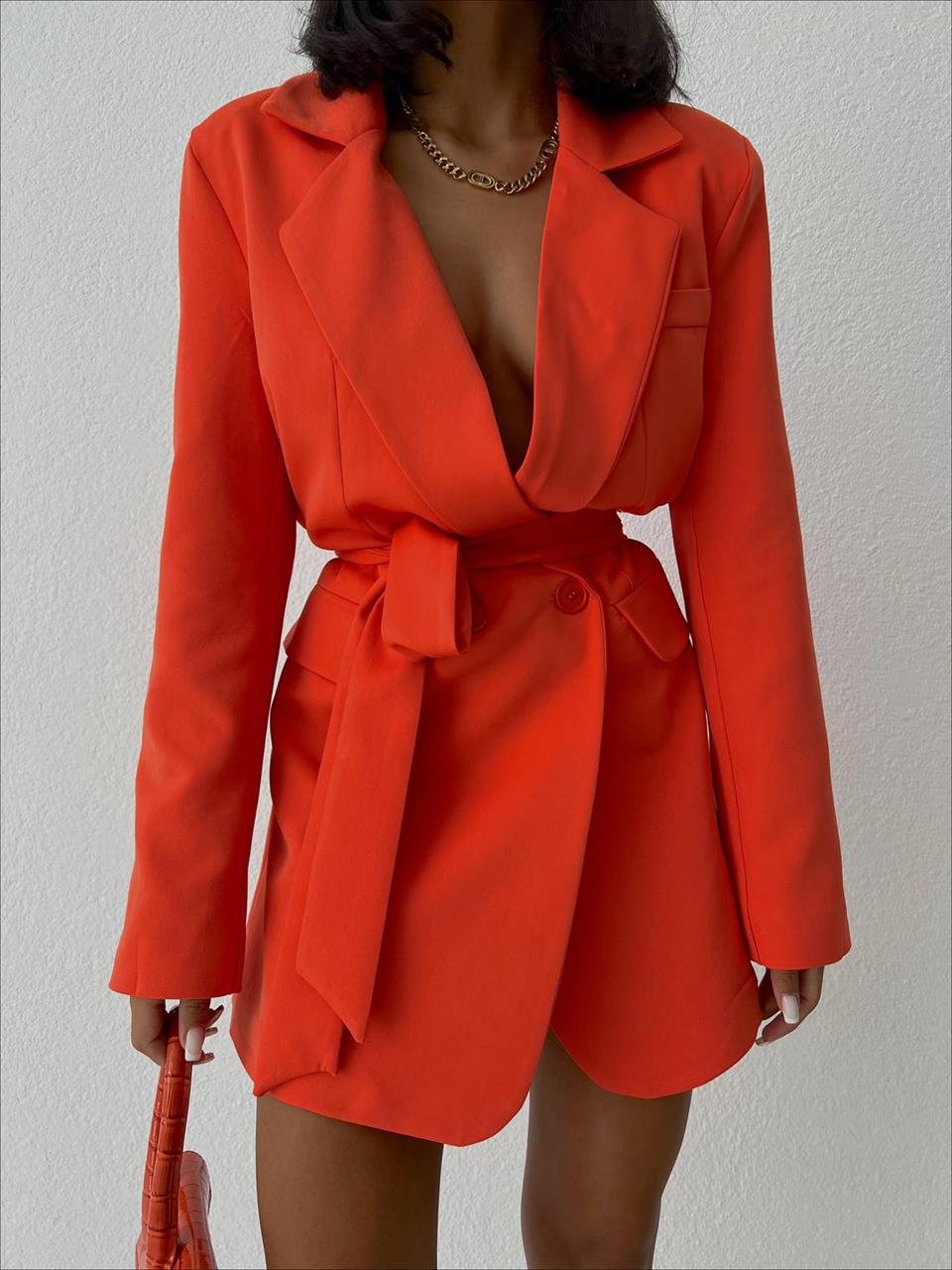Double Kumaş Kuşaklı Düğme Detay Ceket Elbise Orange | Ello