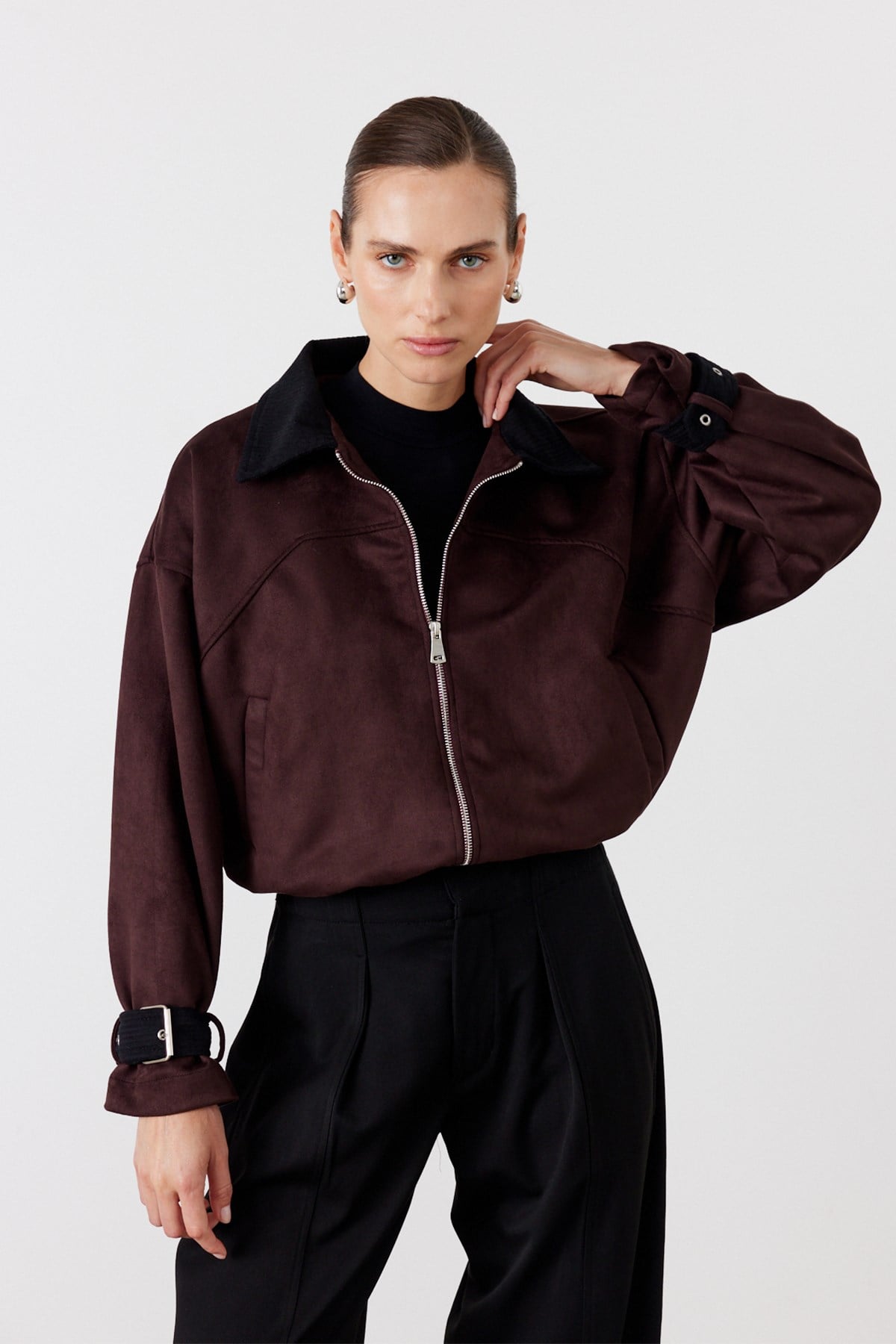 Kadife Yaka Bomber Süet Ceket Bordo