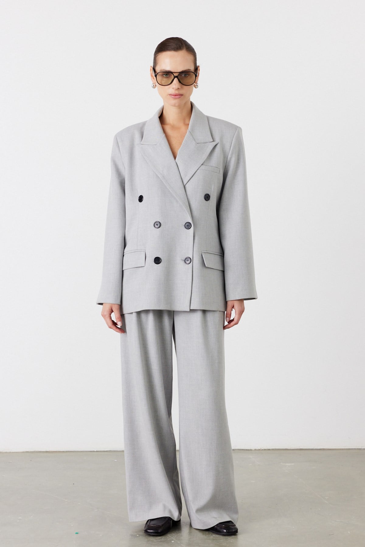Rufe Kruvaze Oversize Blazer Açık Gri