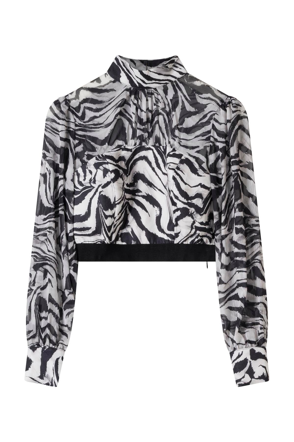 Zebra Desen Şifon Crop Bluz Desenli