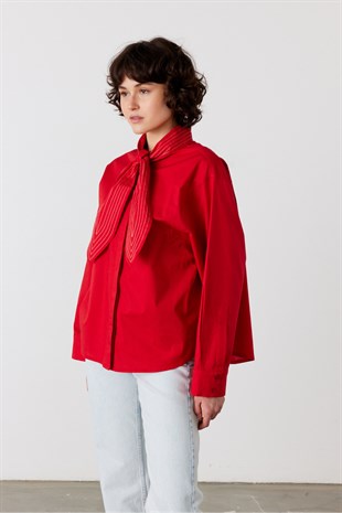 Accent Nakışlı Oversize Gömlek Kırmızı