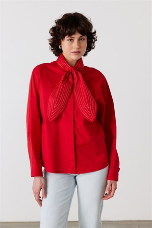 Accent Nakışlı Oversize Gömlek Kırmızı