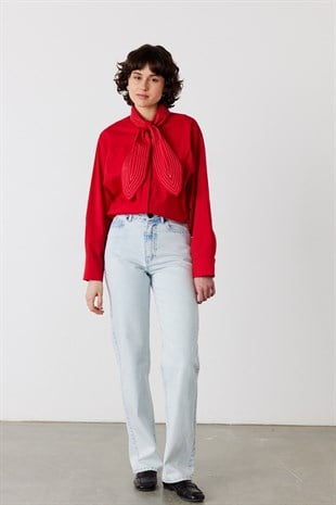 Accent Nakışlı Oversize Gömlek Kırmızı