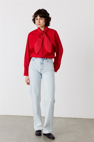 Accent Nakışlı Oversize Gömlek Kırmızı